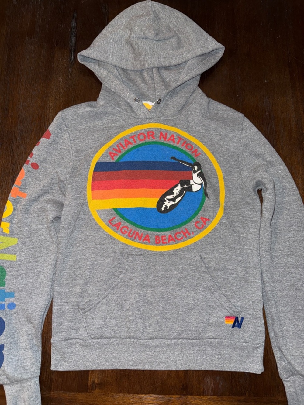 Aviator Nation Laguna Grey Hoodie with Rainbow Surf Logo XS